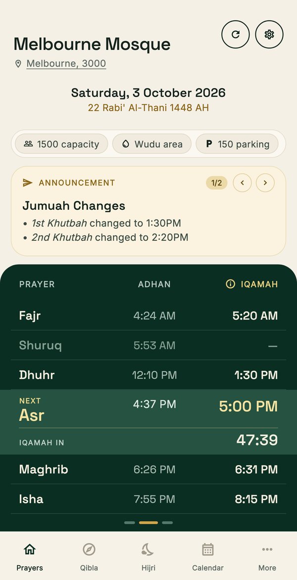 Musalla Network mobile app showing the same masjid's Adhan and Iqamah times, the Asr countdown, and its Jumuah announcement