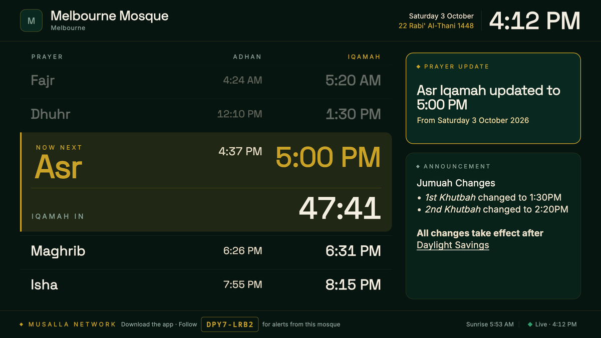 Musalla Network TV display showing Melbourne Mosque prayer times, the Asr Iqamah countdown, a prayer time update, and a Jumuah announcement